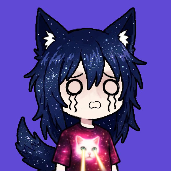 A chibi-style illustration of a crying cat-girl with starry galaxy-patterned dark blue hair and ears, wearing a pink shirt featuring a crying cat with laser eyes, set against a purple background—visually echoing the post's emotional, meme-like tone celebrating the bullish sentiment around the V4 hooks project migration to Robinhood.
