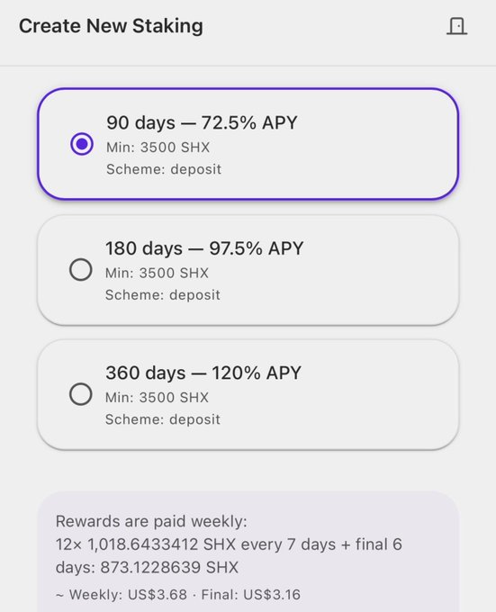 The image shows a "Create New Staking" screen with three deposit-based staking options for SHX token: 90 days at 72.5% APY (selected), 180 days at 97.5% APY, and 360 days at 120% APY, each with a minimum of 3500 SHX, and a note that rewards are paid weekly. The screen illustrates the in-app staking feature mentioned in the post, demonstrating how SL8 Wallet users can put their SHX holdings to work through flexible lock-up periods directly within the wallet.