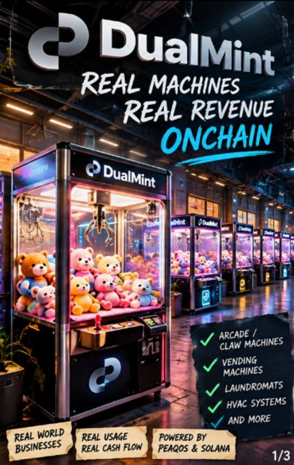 A promotional graphic for DualMint features the tagline 'REAL MACHINES, REAL REVENUE ONCHAIN' alongside claw machines filled with plush toys, listing categories like 'ARCADE/CLAW MACHINES,' 'VENDING MACHINES,' 'LAUNDROMATS,' and 'HVAC SYSTEMS,' with text noting 'POWERED BY PEAGOS & SOLANA.'