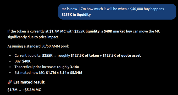 A text response calculating the market cap impact of a $40,000 buy on a token at 1.7M MC with $255K liquidity, resulting in an estimated ~3.14x price increase to ~$5.3M MC.