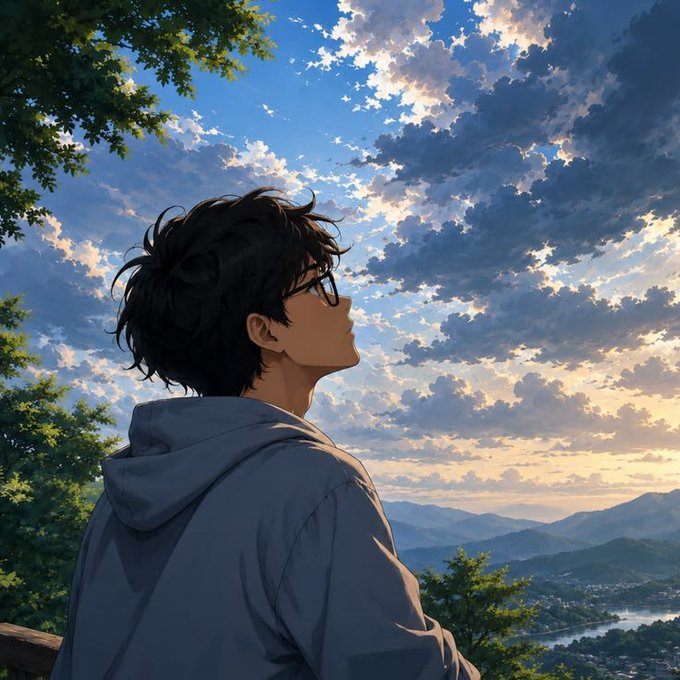 An anime-style illustration of a young man with dark hair and glasses in a blue hoodie gazing up at a dramatic cloud-filled sky over a mountainous landscape.