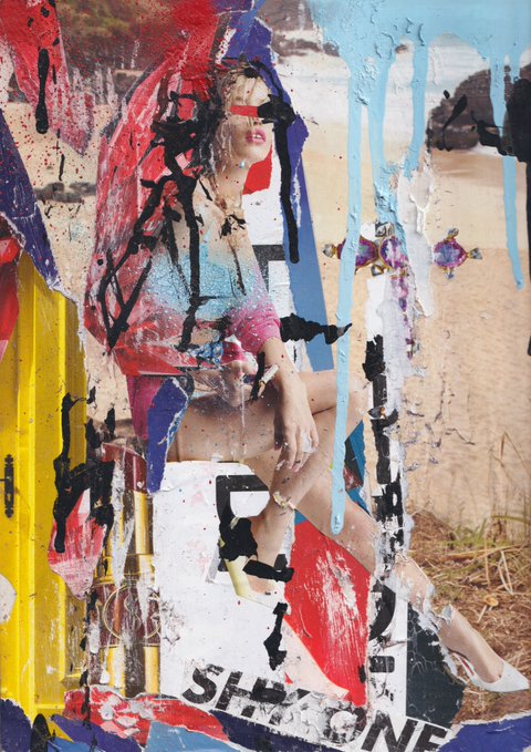 A mixed-media collage artwork showing a woman in sunglasses seated on a beach, partially obscured by vibrant streaks of red, blue, yellow, and black paint.