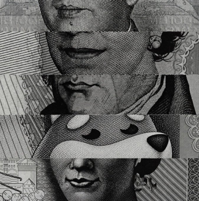 Black and white collage composed of fragments from US currency bills, featuring detailed engravings of faces, a teddy bear, and hands.