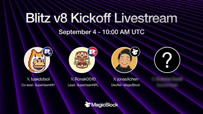 A promotional banner for 'Blitz v8 Kickoff Livestream' on September 4 at 10:00 AM UTC, featuring speakers tuakdotsol, Ronak0010, jonasXchen, and a mystery guest, hosted by MagicBlock.