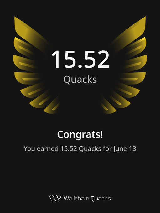 A screen showing a gold logo with a number, 15.52 Quacks. The number is in a different font size than the rest of the text.