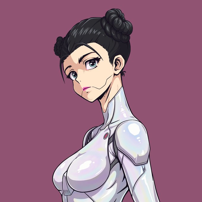 A digital anime-style illustration of a young woman with dark hair styled in double buns, wearing a white futuristic armored suit with shoulder plating, set against a plain mauve background.