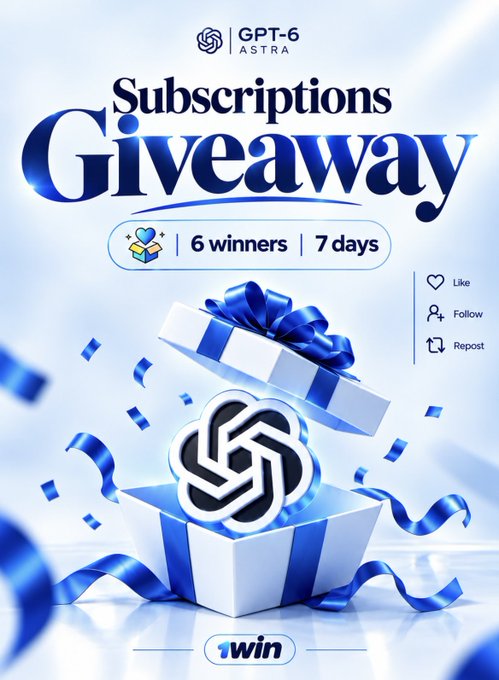 A promotional giveaway graphic for GPT-6 Astra subscriptions, featuring an open gift box with the GPT-6 logo emerging from blue ribbons and confetti, with text highlighting "6 winners" and "7 days," alongside Like, Follow, and Repost instructions, matching the post's announcement of 1winPro's 7-day giveaway for 6 random winners who like, repost, follow @1win, and share their $SOL wallet.