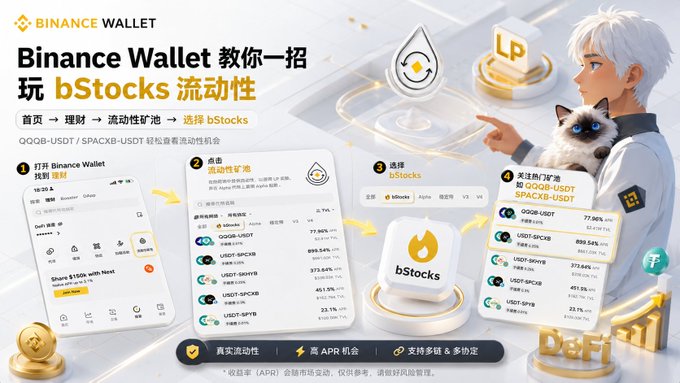 A Binance Wallet tutorial banner in Chinese/English titled 'Binance Wallet 教你一招玩 bStocks 流动性' (Teach you how to use bStocks liquidity), showing steps to access liquidity mining pools with QQQB-USDT and SPACXB-USDT token pairs.