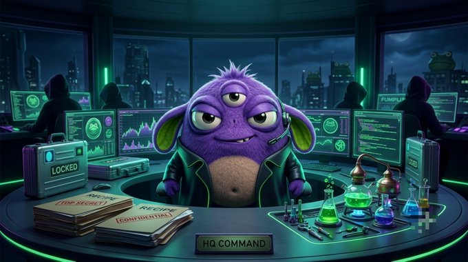 A digital illustration of a purple, three-eyed monster-like creature wearing a headset in an HQ command center, surrounded by multiple monitors, hooded figures, a "LOCKED" briefcase, folders labeled "TOP-SECRET" and "CONFIDENTIAL," and glowing green chemistry flasks.