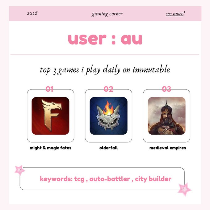 The image features a pink-coloured flyer with a white background, designed as an advertisement for a gaming corner known as "au's". It displays three game icons against each other. The top left icon represents the title "user" at the bottom of the page; the middle icon depicts a character named "F" in red and blue colors, while the rightmost icon shows a medieval-empire themed game with a dragon depicted on it. Each game is rated out of 3 points, indicating their popularity among gamers. The layout provides information about what each game does and how often users should play them daily for optimal gaming experiences.