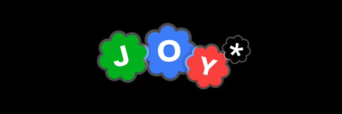 The image displays the "JOY" logo, featuring colorful flower-like shapes in green, blue, red, and dark gray with the letters J, O, Y, and an asterisk, which corresponds to the "$JOY" ticker mentioned in the post about a project originally inspired by the Spark protocol on Bitcoin.