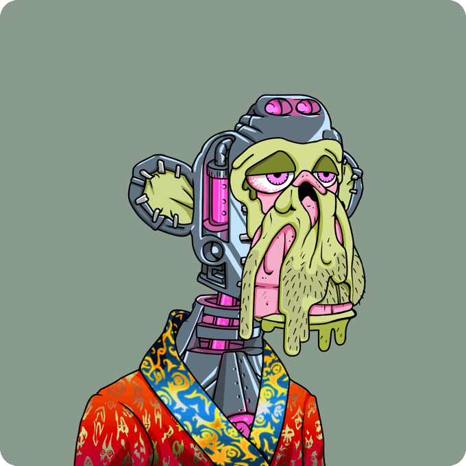 A colorful digital illustration of a cyborg-like creature with a green face, multiple pink eyes, and tentacle-like facial appendages, wearing a red patterned robe with gold trim.