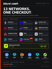 Promotional image for 'blunt cash' advertising '13 NETWORKS, ONE CHECKOUT' featuring logos for Ethereum, Base, Arbitrum One, Optimism, Polygon, BNB Smart Chain, Avalanche Chain, Linea, Cronos, Fantom, PulseChain, Solana, and Rebased Chain, with a bonus offer of '$3-$3'.