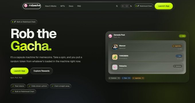 The image shows the landing page for Robocho, a "capsule machine for memecoins" on the Robinhood Chain, featuring the headline "Rob the Gacha." with a Genesis Pool interface displaying project listings for Manor, THECIRBN, and Robocho. The page promotes spinning a gacha machine to pull random memecoin tokens, directly tying into the promotional caption describing Robocho as the first on-chain gacha meme coin platform.