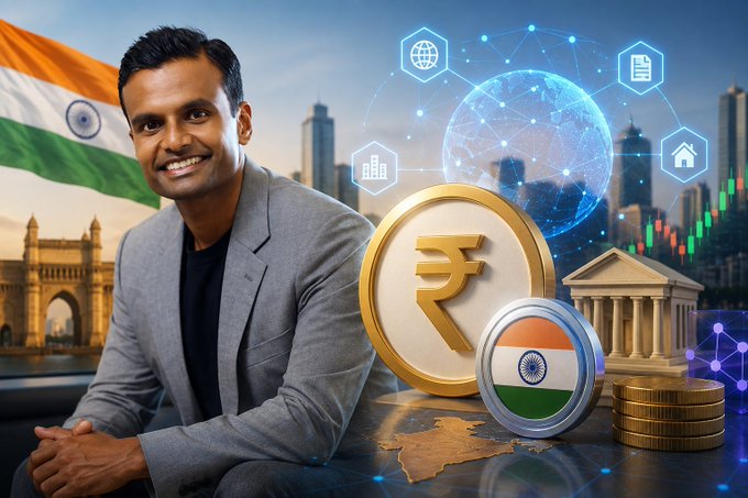 A smiling man in a gray blazer sits before a composite background featuring the Indian flag, a golden rupee (₹) coin, and a digital globe with financial icons, visually representing the accompanying post about Binance APAC Head SB Seker's argument that INR-backed stablecoins are critical for India to hedge against U.S. dollar fluctuations and to drive RWA tokenization growth.