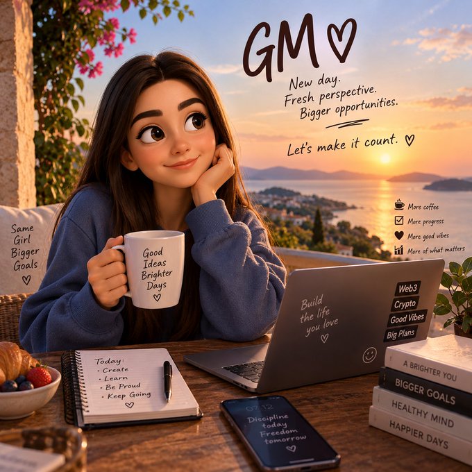 An illustrated 'GM' (Good Morning) graphic shows a cartoon woman at a desk with a coffee mug reading 'Good Ideas Brighter Days,' a laptop, a notebook, and motivational text including 'Build the life you love,' 'Crypto,' and 'Web3.'