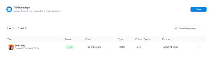 A dashboard showing "All Giveaways" with one live raffle titled "Eltra Ship" on Ethereum, featuring 5 entries out of 2 spots, ending in about 24 hours. The image reflects an active giveaway management page, aligning with the post inviting users to join Discord for entry opportunities.