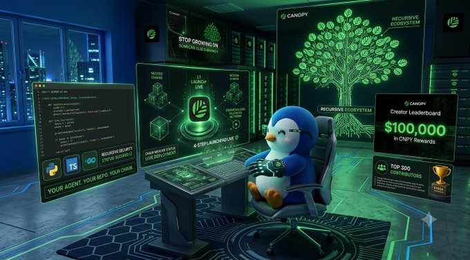 A penguin wearing glasses sits at a high-tech workstation surrounded by glowing green holographic displays featuring the "CANOPY" and "$CNPY" branding, with a prominent "RECURSIVE ECOSYSTEM" tree graphic, a "$100,000 in CNPY Rewards" Creator Leaderboard, and "TOP 300 CONTRIBUTORS" trophy shown on screen. The futuristic, self-sovereign infrastructure setup visually reinforces the post's message about the relief and empowerment of owning your own chain rather than renting space elsewhere.