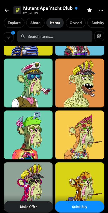 A screenshot of the OpenSea NFT marketplace displaying the 'Mutant Ape Yacht Club' collection, valued at $2,323.39, with several cartoon ape avatars available for purchase.