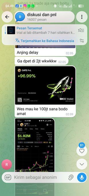 A screenshot of an Indonesian Telegram chat discussing a trade 'sehari 1x trade aja nyari bgtu' featuring a +96.99% GATE PNL screenshot and chart showing $1.92M, with messages mentioning 'Anjing delay' and 'Wes mau ke 100jt sana bodo amat'.