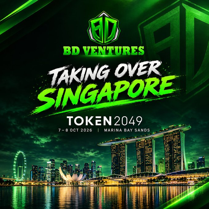 A promotional graphic for BD Ventures featuring a green-toned Singapore skyline with Marina Bay Sands, announcing their participation at TOKEN2049 from October 7-8, 2026, with bold text reading "TAKING OVER SINGAPORE." The image visually reinforces the post's message about BD Ventures' presence at the major Web3 conference.