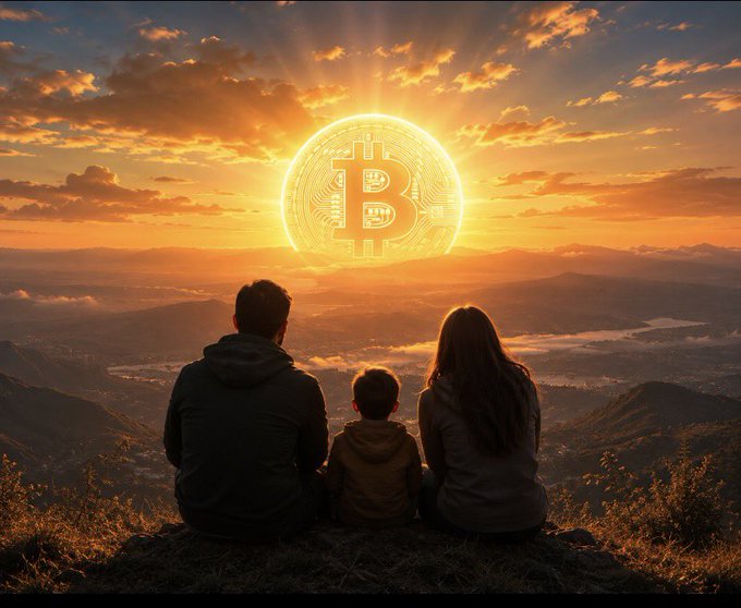 A family sits on a mountaintop gazing at a glowing Bitcoin logo rising like a sun over a vast valley at dawn, symbolizing renewed hope and optimism for the crypto market's recovery.