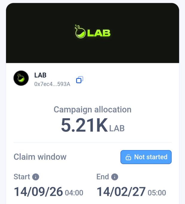 A mobile app interface for a token called 'LAB' showing a campaign allocation of '5.21K LAB', with a claim window set from '14/09/26 04:00' to '14/02/27 05:00' marked as 'Not started'.