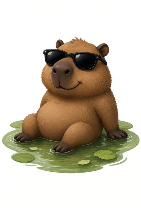 A digital illustration of a cute capybara wearing black sunglasses, sitting in a small green pond with lily pads.