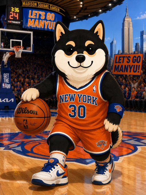 The image features a basketball mascot dressed as a dog, holding a basketball and standing on an indoor court with a city skyline visible behind him. The caption of the image reads "It's the season to win $MANYU #ManyuArmy". This suggests that the basketball team is celebrating their victory in the game or event by promoting a special offer for fans who want to join them in the city, possibly as part of a promotional campaign or event.

The mascot and its surroundings create an interesting contrast between sports and urban life, with the dog-themed basketball character representing the excitement and energy associated with the sport while the city skyline symbolizes the broader context within which the game takes place.