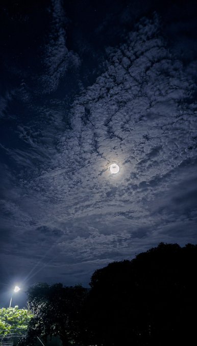 A bright full moon illuminates a sky filled with textured clouds above silhouetted trees and a glowing streetlight, capturing the quiet stillness of an early morning before sunrise. The serene nighttime scene reflects the post's mood—bearing witness to the early grind while the world remains asleep.
