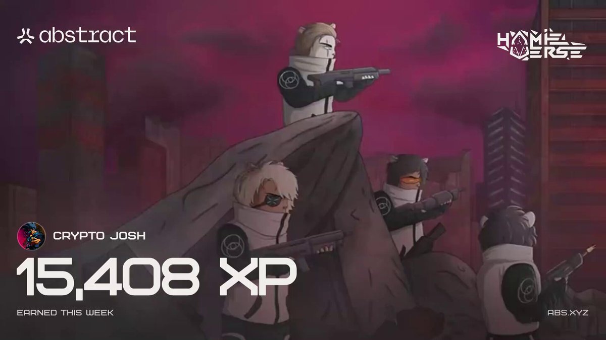 The image features a cartoon-style scene with four cartoon characters dressed in white suits, each holding a gun and standing atop a rock formation. The text at the bottom of the image reads "Finally made it to Gold Tier on @AbstractChain Shoutout to @hamieverse for the sick XP cards." This suggests that the post is related to a gaming event or competition involving characters from the game Minecraft, as indicated by the cartoon-style illustration and the use of white suits.