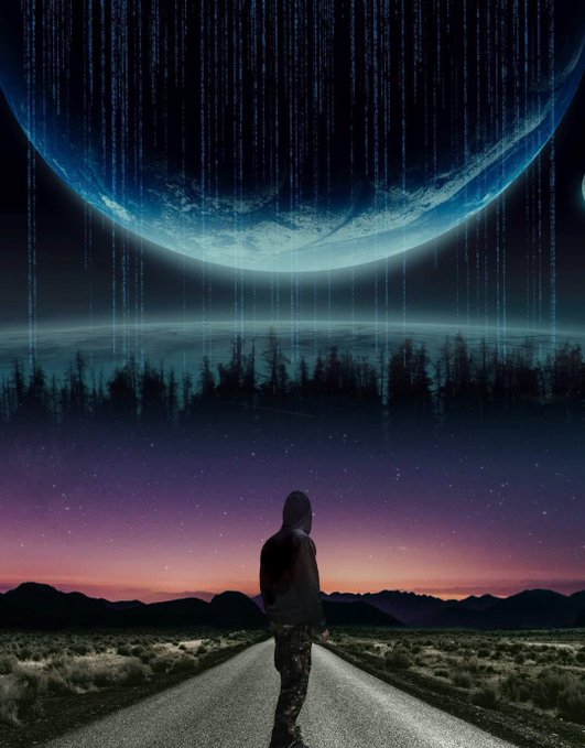 A hooded figure stands on a desert road looking up at a large planet with glowing vertical streaks descending from it in the sky.