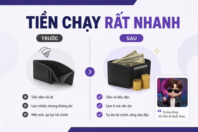The image is a Vietnamese-language "before and after" comparison graphic titled "TIỀN CHẶY RẤT NHANH" (Money runs very fast), contrasting an empty wallet ("TRƯỚC") with a full wallet ("SAU") to illustrate financial transformation. It contrasts three problems (money slips away, works hard but stays poor, financial fatigue) with three solutions (money sticks, works smart and saves more, confident financial life), accompanied by an avatar testimonial stating "Tư duy đúng thì tiền sẽ đuổi theo" (Right mindset and money will chase you), cleverly tying into the meme post's theme about fast-moving money and the crypto pumps of $DOYR, $ASTEROID, and $BONK.