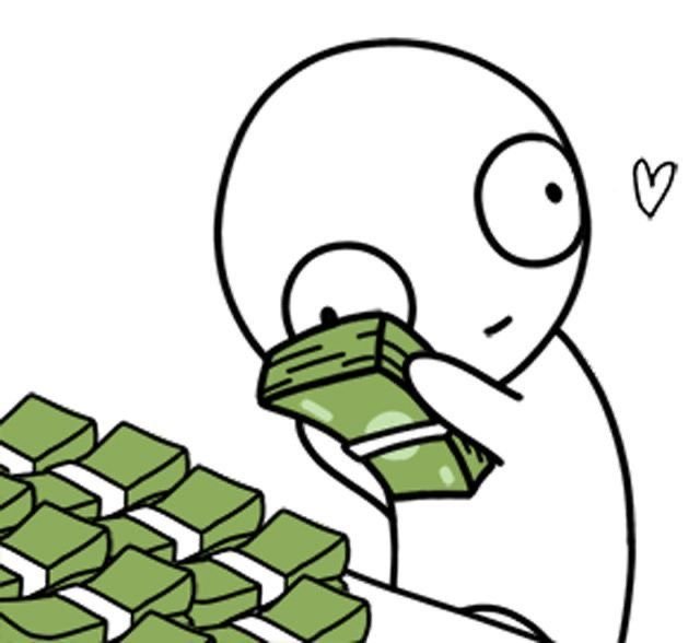 A simple black-and-white cartoon drawing shows a character with big eyes holding a stack of green money with a heart nearby, surrounded by more stacks of cash.