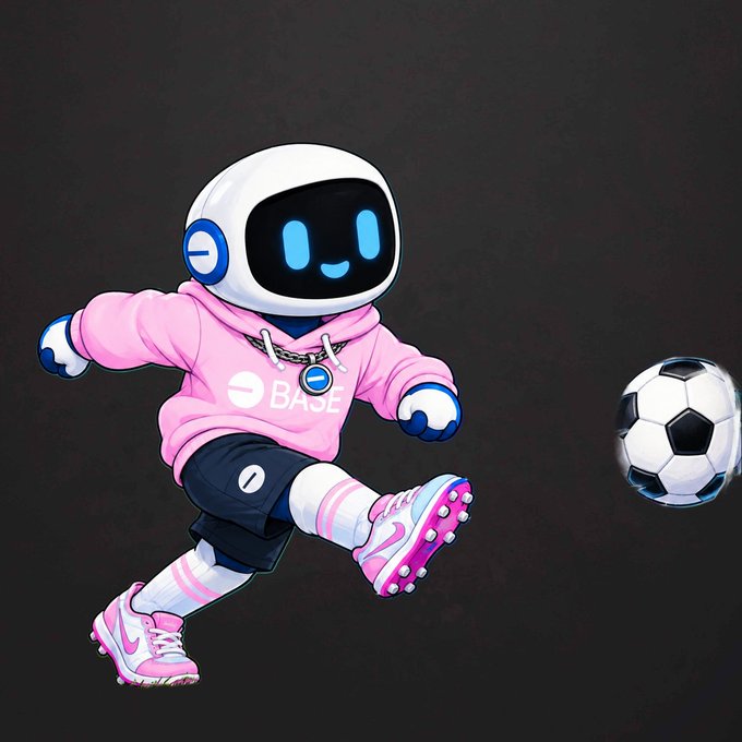 A cute robot mascot wearing a pink hoodie with "BASE" branding kicks a soccer ball, visually reinforcing the post's giveaway theme of rewarding engagement (likes, retweets, comments) with crypto prizes to be claimed via an EVM address.