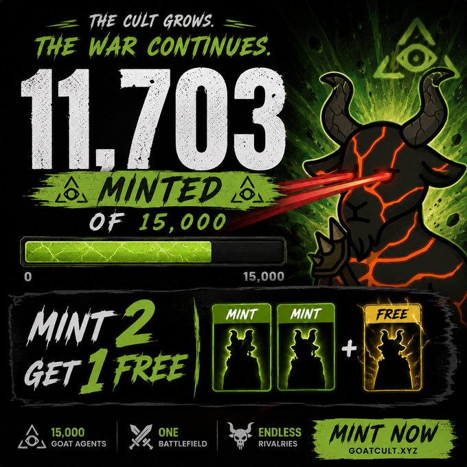 A promotional graphic for 'GOATCULT.XYZ' displays 'THE CULT GROWS. THE WAR CONTINUES.' and '11,703 MINTED OF 15,000', featuring a laser-eyed goat mascot and a 'MINT 2 GET 1 FREE' offer.