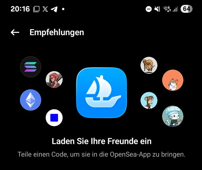 The image shows the OpenSea app's "Empfehlungen" (Recommendations) screen in German, with text reading "Laden Sie Ihre Freunde ein" (Invite your friends) and "Teile einen Code, um sie in die OpenSea-App zu bringen" (Share a code to bring them to the OpenSea app), displaying the OpenSea sailboat logo surrounded by various NFT avatars.

This screen illustrates the referral/invite system mentioned in the post, where the user is offering to share OpenSea invite codes with others.