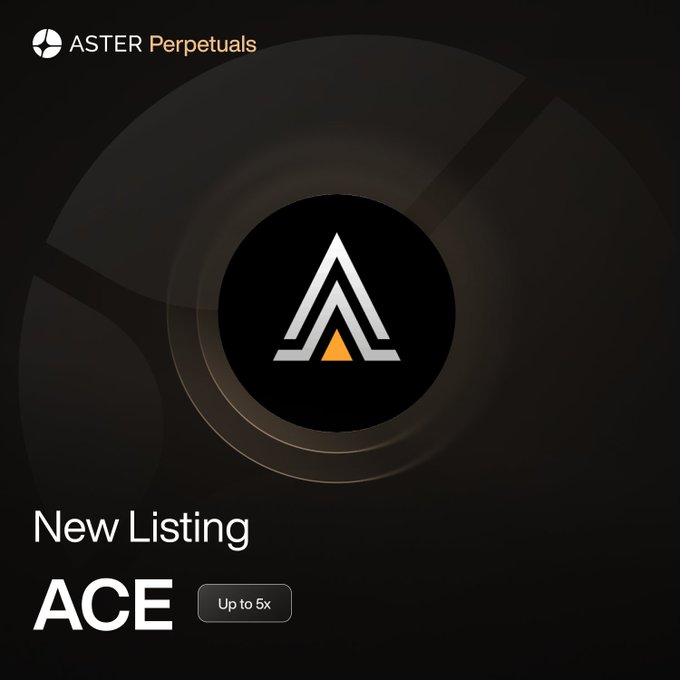 A promotional graphic from Aster Perpetuals announcing a new listing of $ACE with up to 5x leverage, featuring the Fusionist logo against a dark circular background. The "New Listing" label and "Up to 5x" badge highlight the announcement's focus on the perpetual trading opportunity.