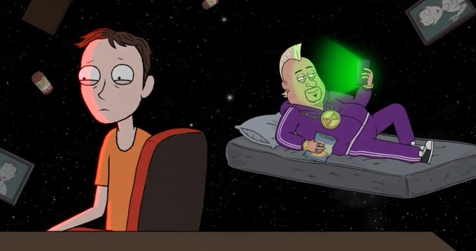 An animated scene features a brown-haired boy in an orange shirt staring blankly at a blond man in a purple tracksuit lounging on a floating mattress in space, taking a selfie with a glowing green phone and a bag of snacks.