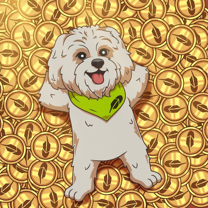A cartoon illustration shows a fluffy white dog wearing a green bandana standing happily in front of a massive pile of gold coins, each stamped with a diamond-shaped emblem. The imagery visually reinforces the post's message about $BRODIE being a prime candidate for attention and value capture, suggesting it could be the "golden opportunity" to drive momentum back to $PONS.