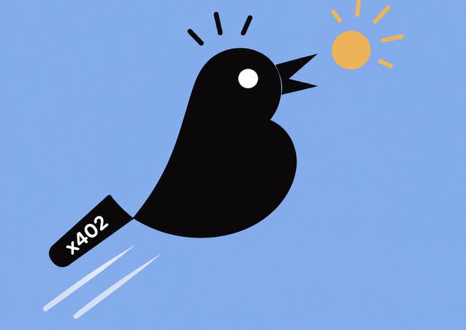 The image features a black bird with its wings spread wide as if flying through the sky. The bird has a sunburst shape around its head, giving it a unique appearance. In front of the bird, there's an orange sun shining brightly against a blue background. Below the bird and the sun, there is text that reads "PROTOCOL ENHANCEMENT: magpie-x402 lets AI agents access our on-chain lending protocol with x402. Pay in SOL, query credit and loan data directly from the protocol, and get real-time answers—no API keys, no accounts, no custody required". The bird is positioned above the sunburst shape of the sun, creating a sense of movement and energy within the image.