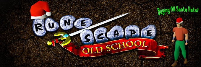 A RuneScape Old School graphic with holiday/Christmas theme featuring a 'Buying All Santa Hats!' label, a character wearing a Santa hat, and stone letters spelling 'RuneScape Old School'.