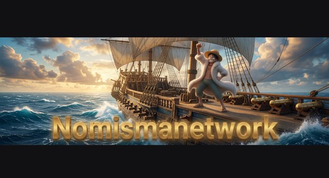 A stylized banner features a cartoon character in a white coat standing on the deck of a large pirate ship at sea, with the gold text 'Nomismanetwork' prominently displayed at the bottom.