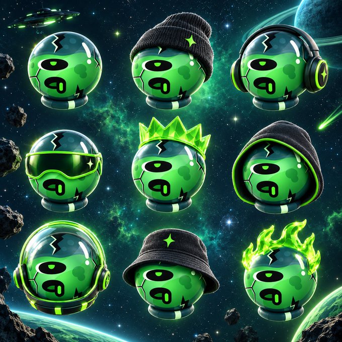 A grid of nine green, spherical emoji-like characters with various accessories (beanie, headphones, goggles, crown, hoodie, bucket hat, flames) set against a cosmic space background.