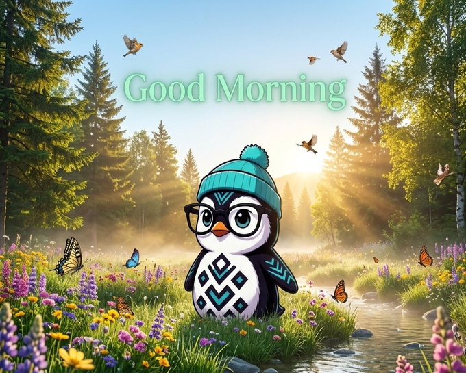 A cute penguin wearing glasses and a teal beanie stands in a sunlit meadow filled with wildflowers, butterflies, and birds, with "Good Morning" glowing in green text above. The cheerful, nature-filled scene complements the post's warm greeting while contrasting with its serious message about emerging quantum threats in crypto.