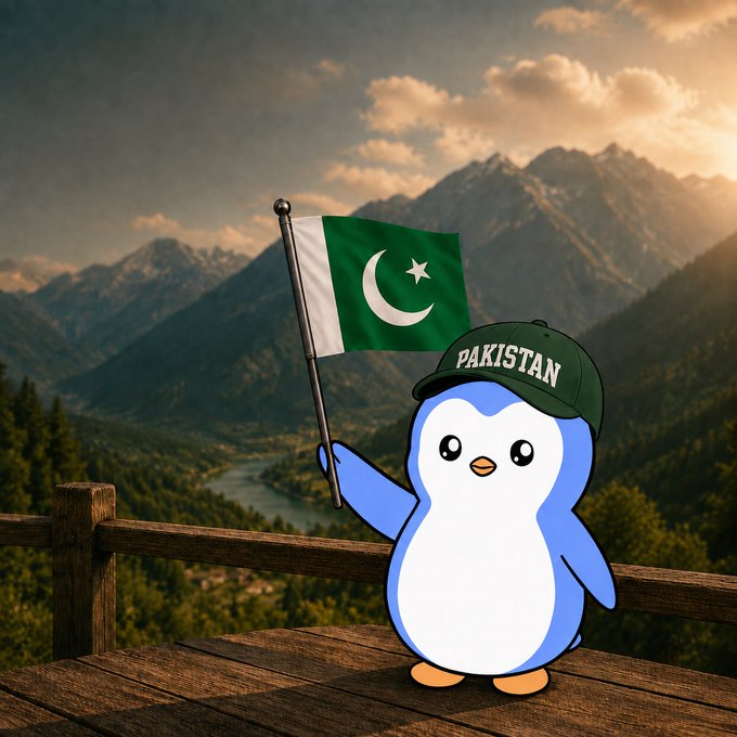 A cartoon blue penguin wearing a 'PAKISTAN' cap holds a Pakistani flag, standing on a wooden deck overlooking a mountainous landscape.