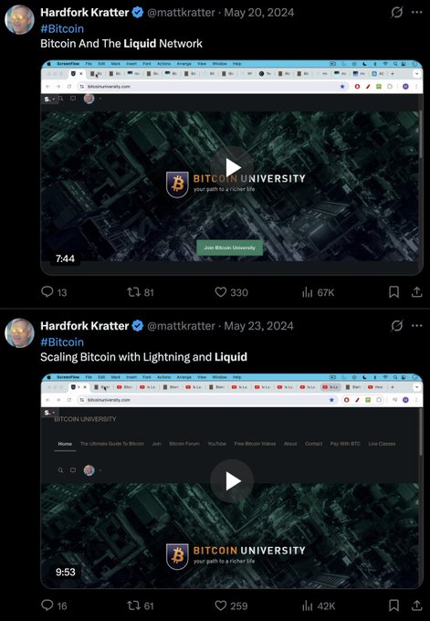Two Twitter/X posts from user @mattkratter (Hardfork Kratter) promoting Bitcoin University videos, titled 'Bitcoin And The Liquid Network' and 'Scaling Bitcoin with Lightning and Liquid,' both with hundreds of likes and tens of thousands of views.