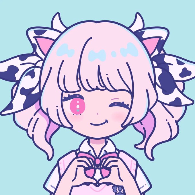 A cute chibi-style anime character with pink hair, cow-print horns, and a pink bow tie is making a heart shape with her hands. The cheerful, blushing girl fits the playful "dropchan" mascot theme referenced in the post.