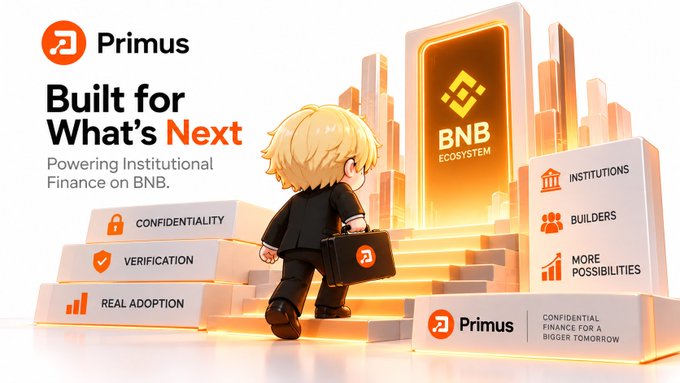 A promotional graphic for "Primus" with the tagline "Built for What's Next - Powering Institutional Finance on BNB," featuring a 3D chibi-style character in a suit carrying a briefcase, alongside BNB Ecosystem branding and features like CONFIDENTIALITY, VERIFICATION, and REAL ADOPTION.