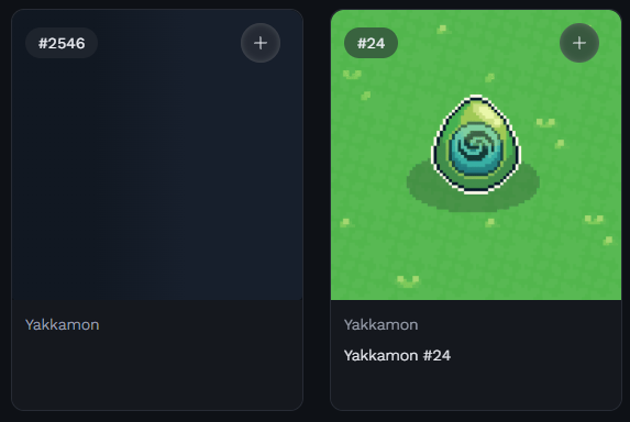 Two digital collectible cards labeled 'Yakkamon', showing #2546 as an empty dark card and #24 featuring a blue and green spiral egg icon on grass.